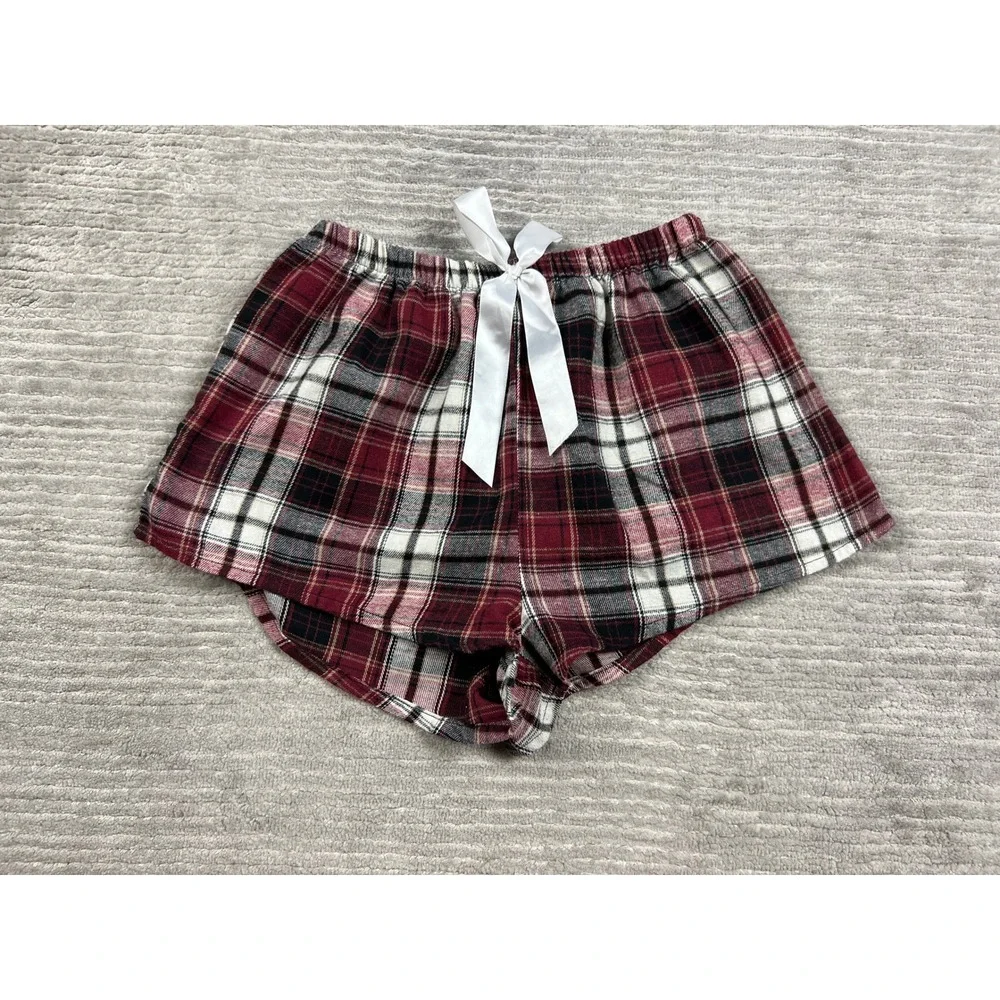 Unbranded Pajama Shorts Womens L Red Plaid Elastic Waist Satin Bow Sleepwear